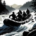 Silhouette of a team work, help each others, with Coordinator effort, communication, in a raft at raging river with rapids Royalty Free Stock Photo