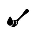 Silhouette teaspoon with drop. Dose of oil, syrup, medicine. Outline icon of pour liquid into measuring spoon. Black illustration