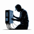 Silhouette of technician in hard hat working on blue electrical control box with cables vector Royalty Free Stock Photo