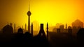 Silhouette of Tehran city. Middle east. Towers and religious monuments. Sunset