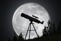 Silhouette of telescope and big moon in background. Astronomy and exploration of universe concept. Royalty Free Stock Photo