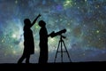 Silhouette of Telescope. woman and man watching