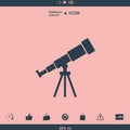 Silhouette of a telescope on a tripod against a pink background. The design is