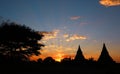 Silhouette of Temples and tree in Bagan at sunset Royalty Free Stock Photo