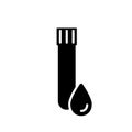 Silhouette test tube with cap and drop of blood. Outline icon of medical blood sampling. Illustration of elongated container with