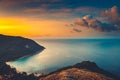 Silhouette Thailand ocean sunset aerial: mountain island, sand beach, sun set sky of Koh Tao, Asia Royalty Free Stock Photo