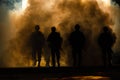 Silhouette thai soldiers special forces team full uniform walking action through smoke and holding gun on hand Royalty Free Stock Photo