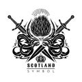 Silhouette of thistle with leaf pattern and cross swords. Symbol of Scotland design element black