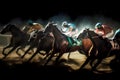 Horse racing at night. Silhouette of thoroughbred and jockey. Generative AI.
