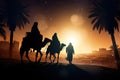 Silhouette of three biblical wise men going to Bethlehem to see the birth of the baby Jesus Christ. Generative AI Royalty Free Stock Photo