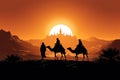 Silhouette of three biblical wise men going to Bethlehem to see the birth of the baby Jesus Christ. Generative AI Royalty Free Stock Photo