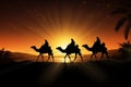 Silhouette of three biblical wise men going to Bethlehem to see the birth of the baby Jesus Christ. Generative AI Royalty Free Stock Photo