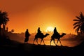 Silhouette of three biblical wise men going to Bethlehem to see the birth of the baby Jesus Christ. Generative AI Royalty Free Stock Photo