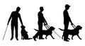 Silhouette of a three blind man disabled man follows a dog guide