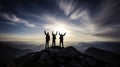 Silhouette of three businessmen celebrating, holding up their hands on the peak of a mountain. Leadership, adventure, growth, Royalty Free Stock Photo