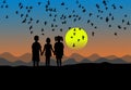 Silhouette of three children standing at sunset There are birds flying in the sky Royalty Free Stock Photo