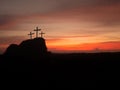 Silhouette of three crosses on hill at sunset. Religion Crucifixion Of Jesus Christ Royalty Free Stock Photo