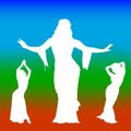 Silhouette of three dancing women, on a colored background.