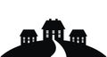 Silhouette of three houses with a path to the entrance. Vector black icon.