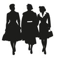 Silhouette of three ladies dressed in retro style walking isolated on white background