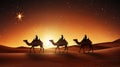 Silhouette of three wise men on camels in desert. Bright Bethlehem star, nativity of Jesus concept. Epiphany concept. Banner Royalty Free Stock Photo