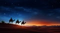 Silhouette of Three wise men riding a camel along the star path. To meet Jesus at first birth.