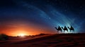 Silhouette of Three wise men riding a camel along the star path. To meet Jesus at first birth.