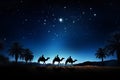 Silhouette of the three wise men traveling on camels to Bethlehem for the birth of baby Jesus