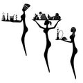 Silhouette of three women with trays on which there are fruits,