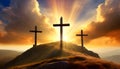 Three Religious Crosses Against a Dramatic Sky at Sunset - Generative Ai Royalty Free Stock Photo