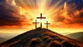 Three Religious Crosses Against a Dramatic Sky at Sunset - Generative Ai Royalty Free Stock Photo