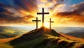 Three Religious Crosses Against a Dramatic Sky at Sunset - Generative Ai Royalty Free Stock Photo