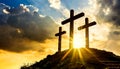 Three Religious Crosses Against a Dramatic Sky at Sunset - Generative Ai Royalty Free Stock Photo