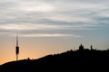 Silhouette of Tibidabo hill at the sunset in Barcelona city. Spain