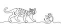 Silhouette of tiger with sign om as line drawing on white