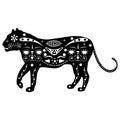 Silhouette of tiger in traditional Aboriginal patterns and ornaments, ancient tribes of Africa, India and Asia