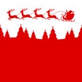 To The Left Flying Christmas Sleigh Santa Claus And Four Reindeers Above Forest Red Royalty Free Stock Photo