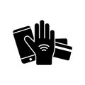 Silhouette touch-shopping icon. Contactless payment by smartphone, credit card, implant chip hand. Illustration of wireless