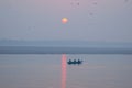 Silhouette tourist boats at Ganges river in Varanasi, India Royalty Free Stock Photo