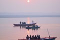 Silhouette tourist boats at Ganges river in Varanasi, India Royalty Free Stock Photo