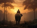 tourist riding an elephant in the forest at sunset