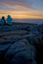 Silhouette of Tourists Watching Sunrise at Cadillac Mountain in Royalty Free Stock Photo