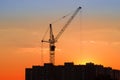 Silhouette of tower crane over building under construction during sunset