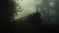 The silhouette of a train disappearing into a thick fog its shrill whistle ting through the eerie silence of the