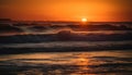 Silhouette of tranquil wave splashing on orange horizon over water generated by AI