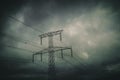 Silhouette of transmission towers, power tower, electricity pylon, steel lattice tower at twilight in Europe with moody dusk heavy Royalty Free Stock Photo