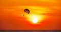 Silhouette Travel people Parasailing over sea Against sky during sunset in golden hour of sunset or sunrise sky,Active and extreme Royalty Free Stock Photo