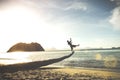 Silhouette of traveler guy on funny jump from palm - Travel wanderlust