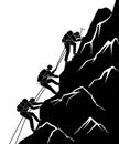 Silhouette traveling people. Climbing on mountain. Vector illustration hiking and climbing team