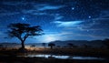 Silhouette of tree against dark sky, Milky Way glowing generated by AI Royalty Free Stock Photo